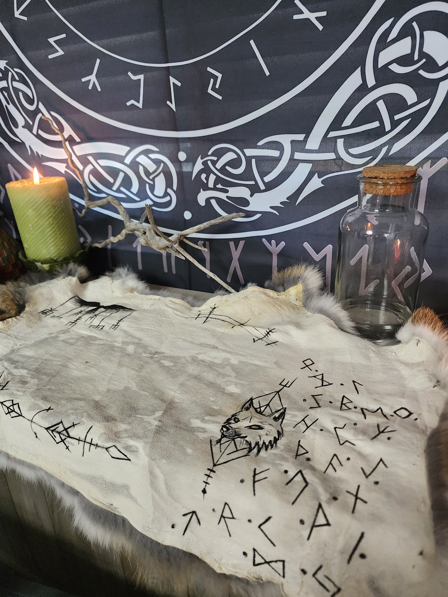Wolf and raven rabbit hide Altar Cloth