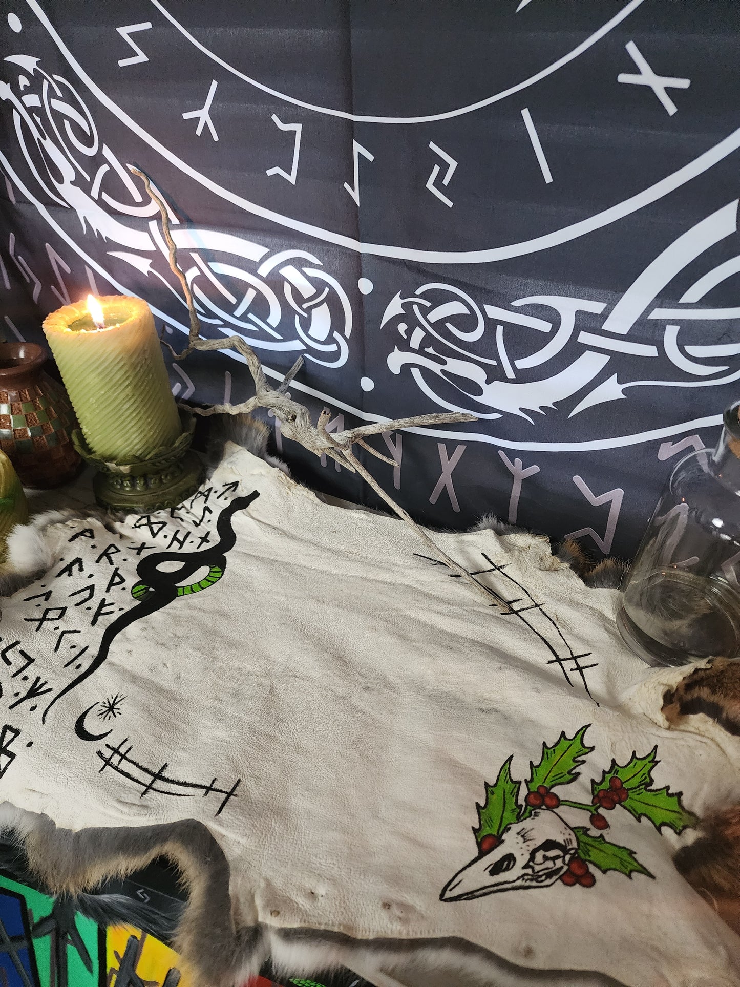 Snake and raven skull with mistletoe rabbit hide Altar Cloth