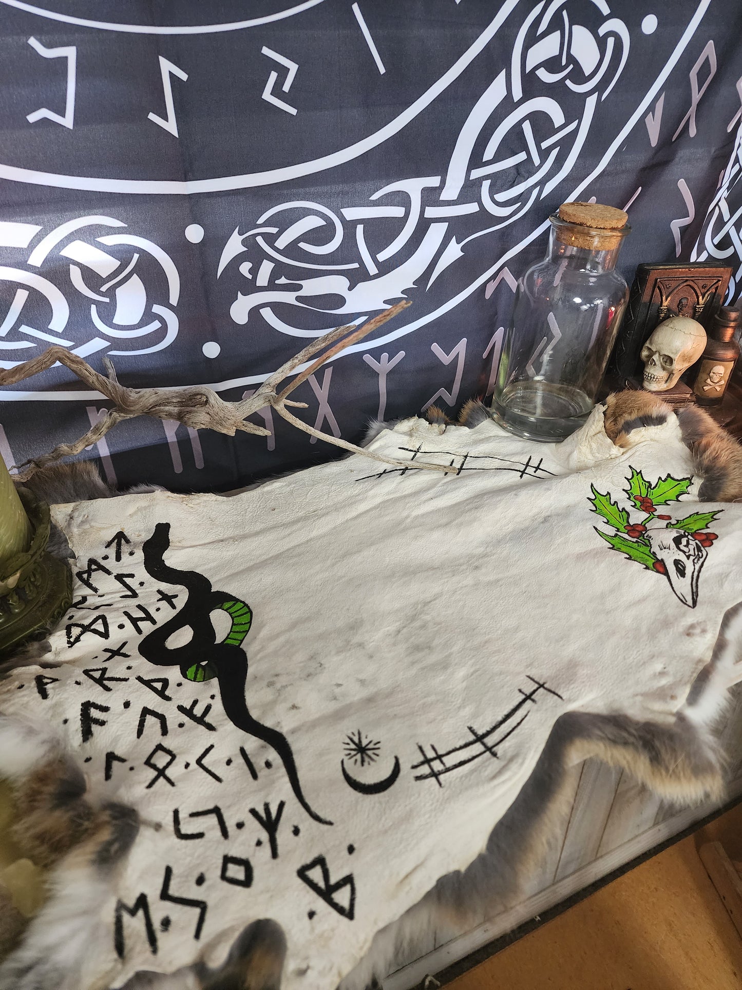 Snake and raven skull with mistletoe rabbit hide Altar Cloth