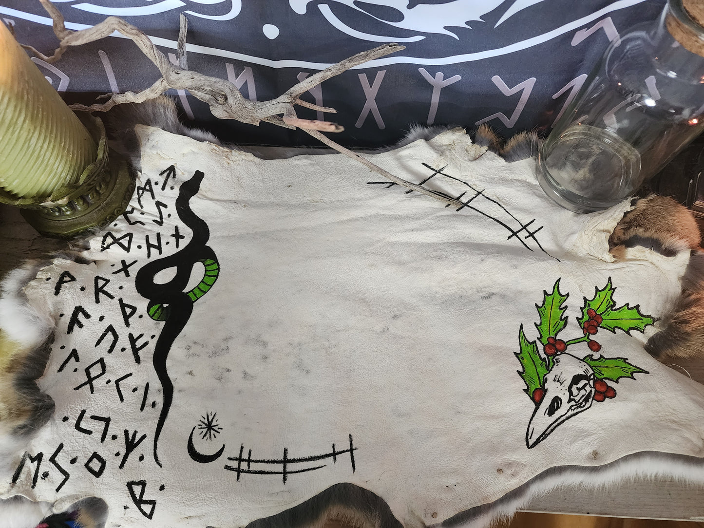 Snake and raven skull with mistletoe rabbit hide Altar Cloth