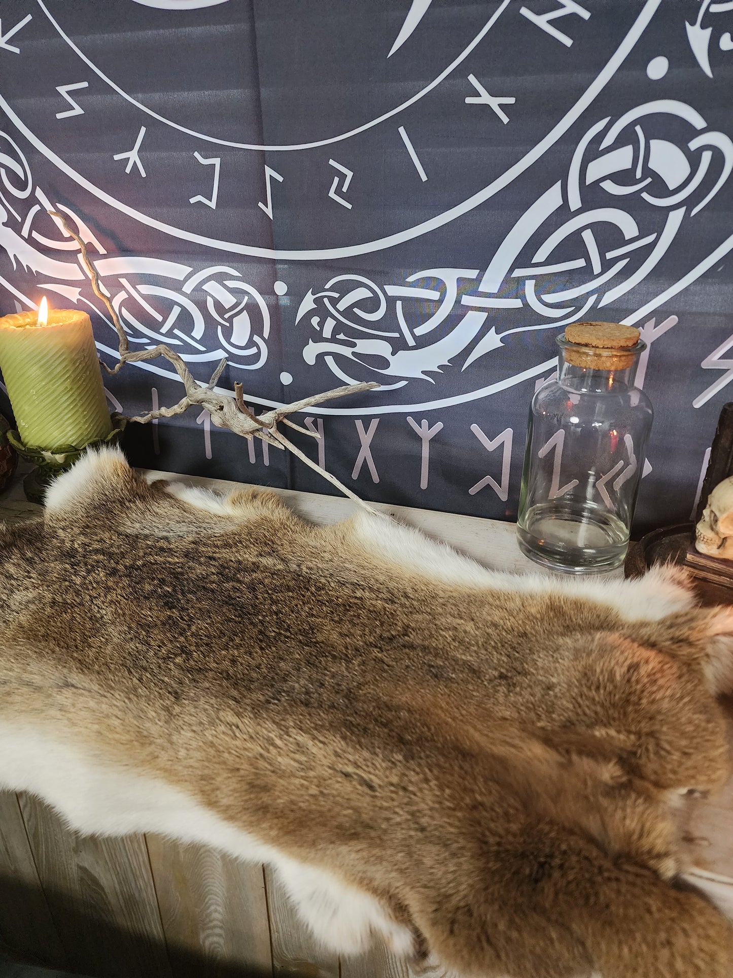 Snake and raven skull with mistletoe rabbit hide Altar Cloth