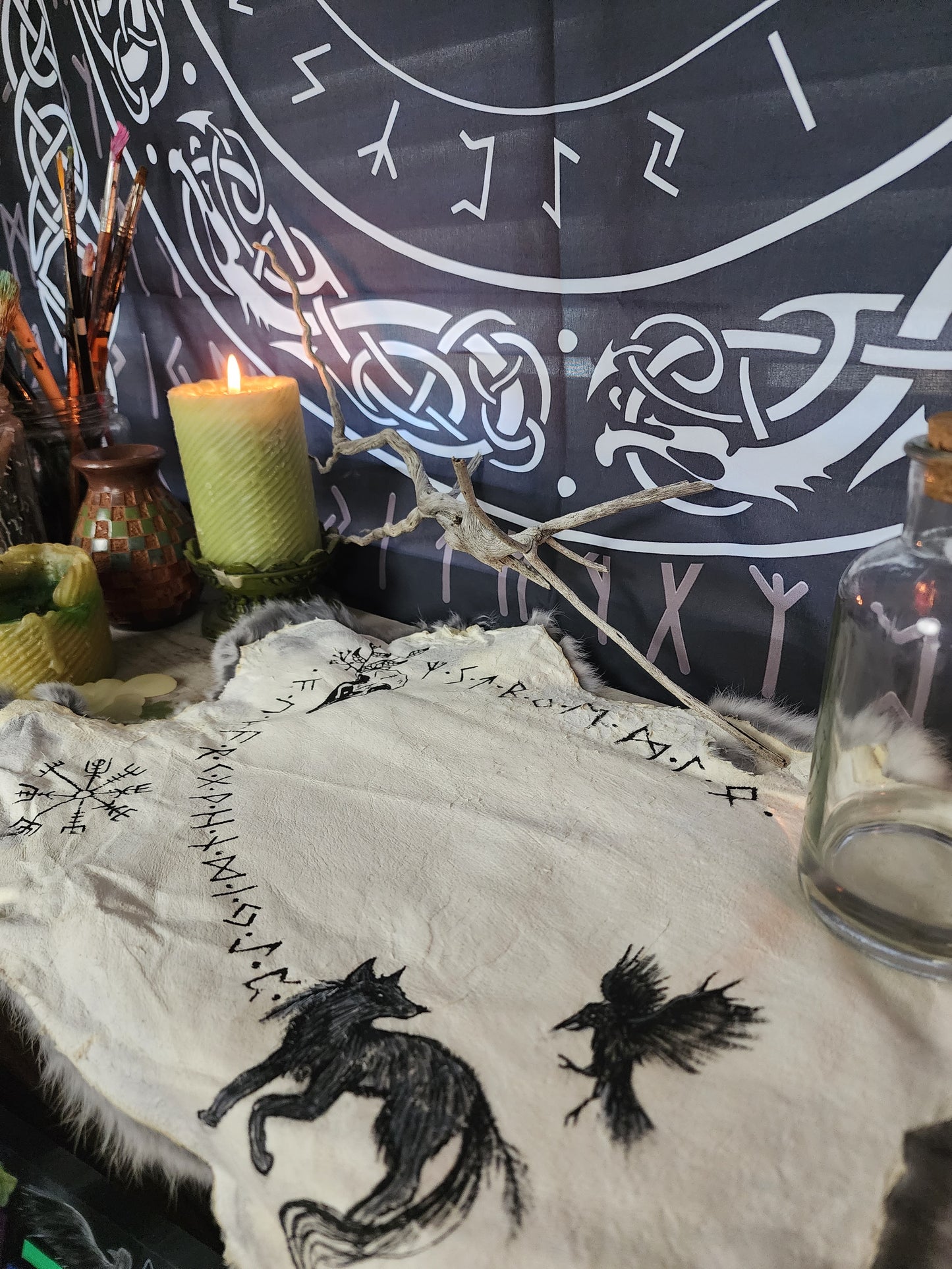 Fox and raven rabbit hide Altar Cloth